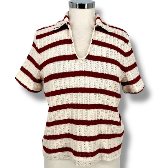 Madewell Tops - Madewell Bali Crochet Polo Red White Striped Short Sleeve Top Size Medium NWT